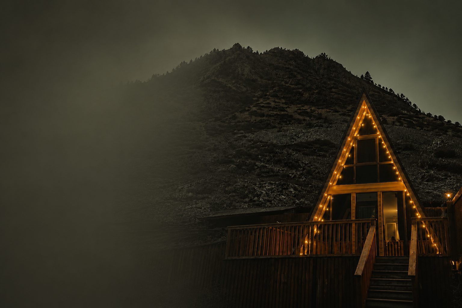 Снять домик A-frame в Приэльбрусье посуточно — дом ночью с гирляндами и видом на горы